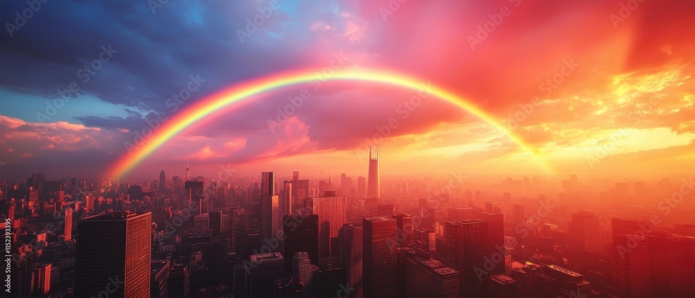 Fototapeta premium rainbow over a city skyline at sunset