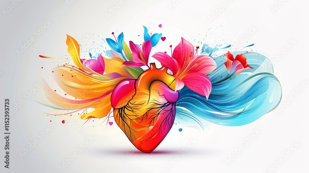 Obraz premium Colorful heart entwined with vibrant flowers symbolizing health, vitality, and disease awareness