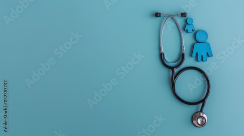 Aerial view of stethoscope on cyan background with 3d family icons for health care insurance concept