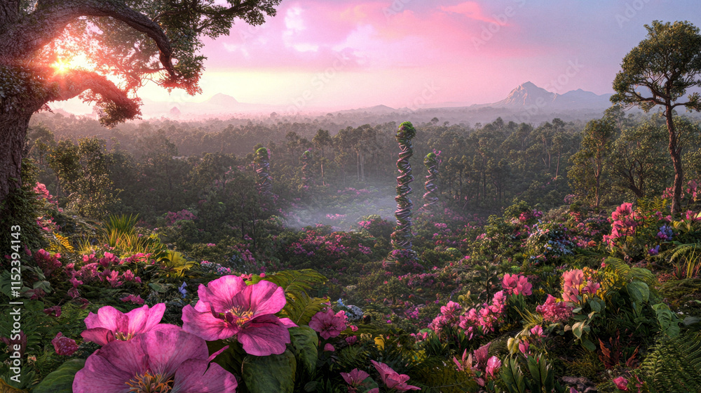 Obraz premium Enchanted jungle at sunrise with vibrant flowers and mystical tower
