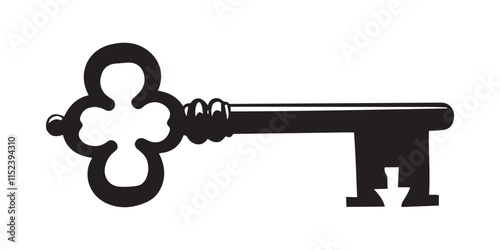 A simple, elegant silhouette of an ornate key, perfect for representing security, unlocking, or vintage themes.