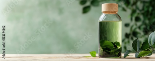 Cosmetic bottle container with green leave and wood.