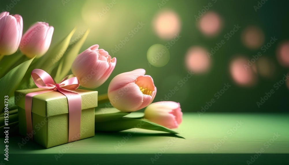 Fototapeta premium tulips and gift box with space for text. template card for birthday, March 8 and mother's day.