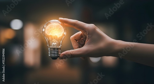 Creative, new ideas and innovation, Hand holding light bulb and smart brain inside and innovation icon network connection on dark blue city background, innovative technology in science and industrial photo