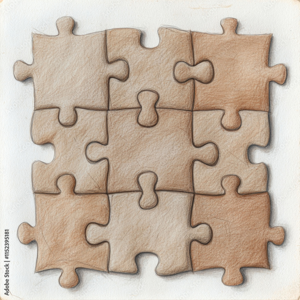 Hand-drawn neutral puzzle pieces interlocking on textured background Hand-drawn neutral puzzle pieces interlocking on textured background