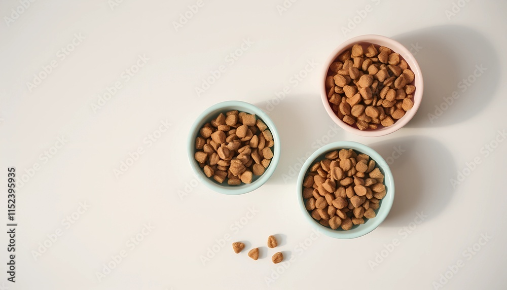 Pastel Pet Food Bowls with Scattered Kibble on Petal Background with Copy Space Pastel Pet Food Bowls with Scattered Kibble on Petal Background with Copy Space