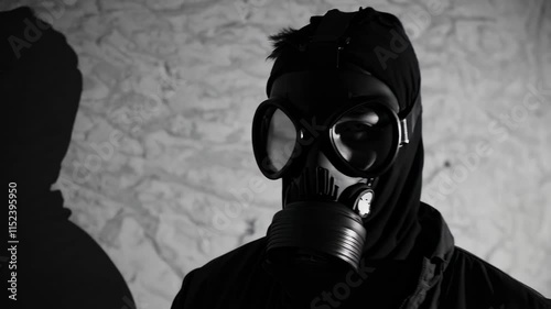 Eerie silhouette of a person in a gas mask evoking themes of war, survival, and toxic threats. photo