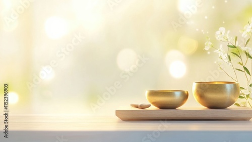 Wallpaper Mural Serenity and balance with golden bowls and blossoms against a soft bokeh background Torontodigital.ca