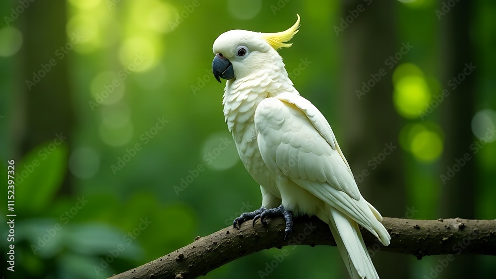 cockatoo parrot sits on a branch in the jungle. Wildlife cockatoo parrot sits on a branch in the jungle. Wildlife