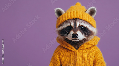 realistic photo 8k of a raccoon in winter clothes and hat on the plain purple background 