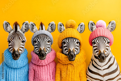 realistic photo 64k A group of zebras dressed in vibrant winter clothing, standing against a soft pastel  photo