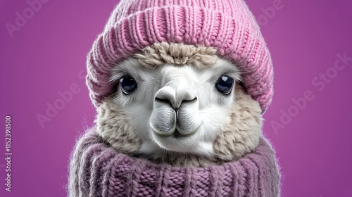 realistic photo A fluffy and adorable alpaca with soft, woolly fur, wearing
