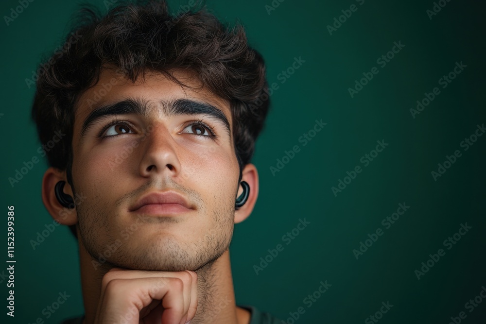 portrait of a young man wearing earbuds portrait of a young man wearing earbuds