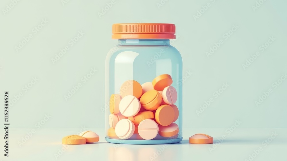 illustration of glass jar with pills on plain gray background illustration of glass jar with pills on plain gray background