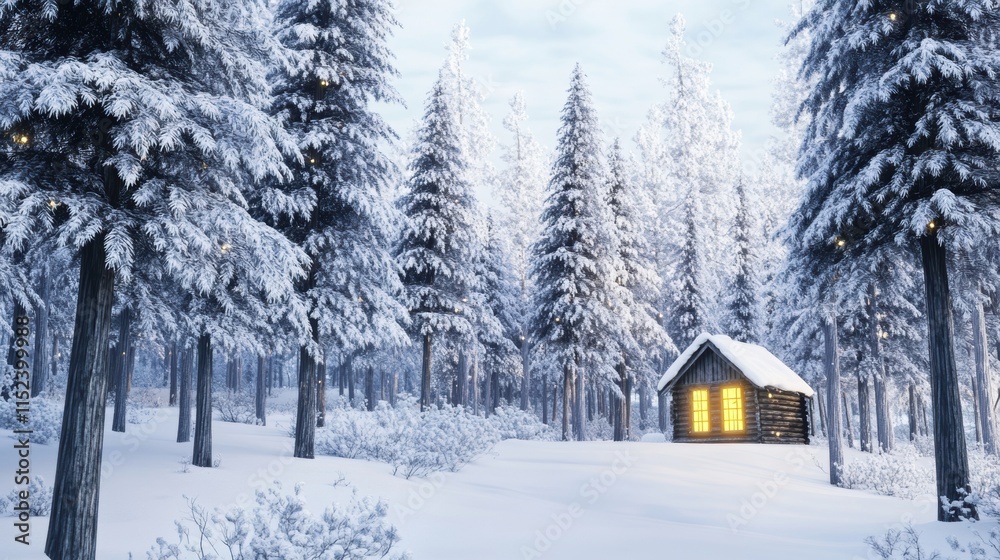 Charming wooden cabin nestled in a snowy forest with tall frost-covered pine trees. Warm light glows from the cabin windows, creating a serene winter escape surrounded by untouched snow. Charming wooden cabin nestled in a snowy forest with tall frost-covered pine trees. Warm light glows from the cabin windows, creating a serene winter escape surrounded by untouched snow.