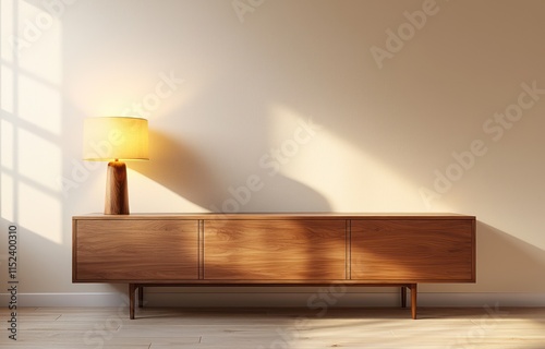 A walnut sideboard with an integrated lamp set against a soft ivory wall The furniturea??s clean lines and warm wood