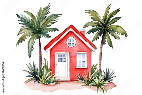 Colorful red house surrounded by lush palm trees and greenery, set against a bright and cheerful backdrop representing a tropical paradise