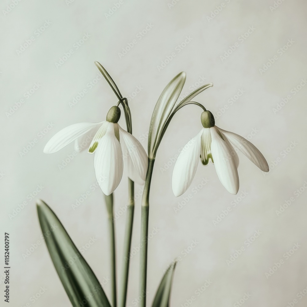 close up of white snowdrop flowers with green leaves close up of white snowdrop flowers with green leaves