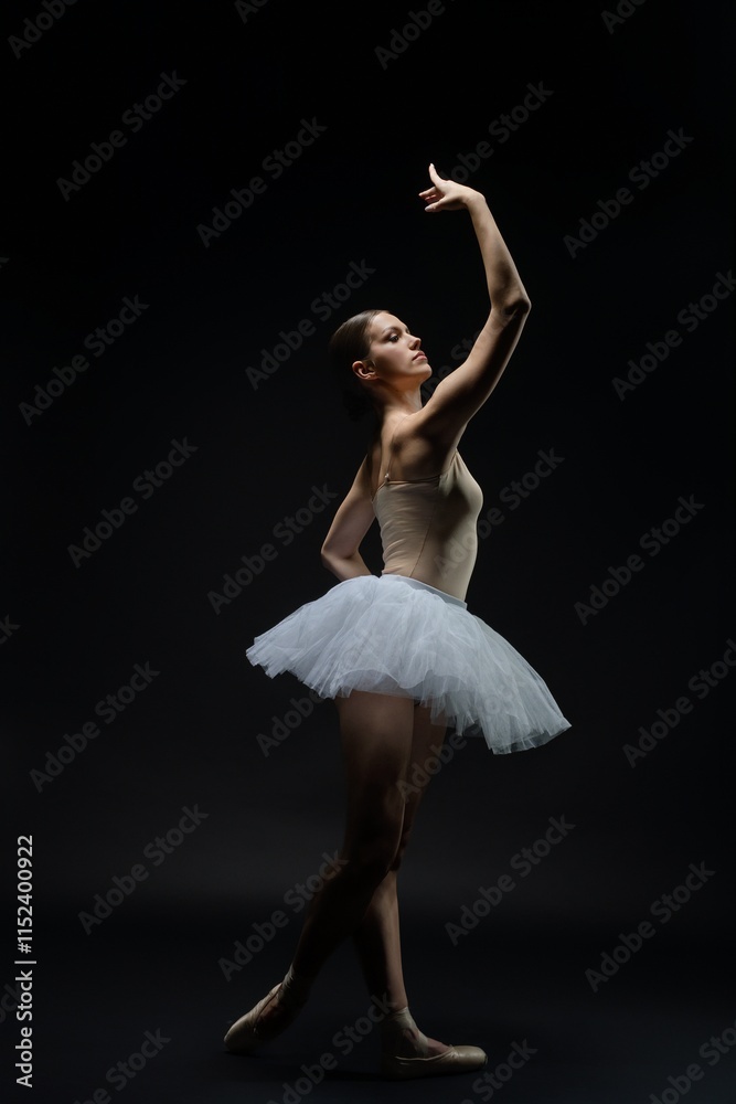 Ballet dancer performing in a graceful pose under dramatic lighting Ballet dancer performing in a graceful pose under dramatic lighting