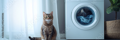 Cute cat sitting by the laundry machine. 