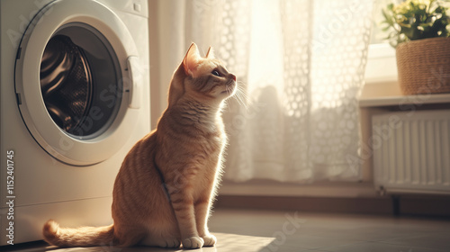 Cat sitting near the washing machine in a modern interior setting.