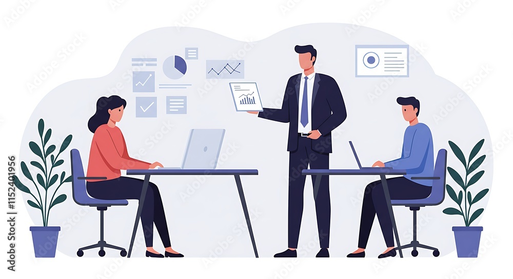 Fototapeta premium A corporate team and manager working together in a meeting. Their focused energy signifies a collaborative effort, ideas are exchanged and strategies are formulated to propel the business forward.