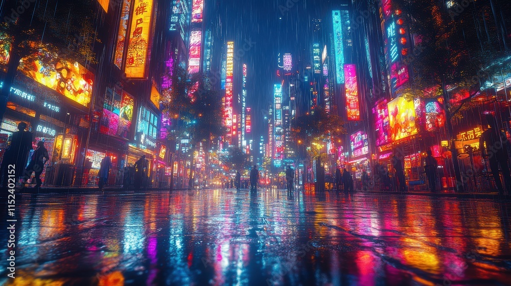 Fototapeta premium Vibrant urban street at night with illuminated skyscrapers, glowing neon signs, and wet pavement reflecting colorful lights. Bustling crowds and cars create a dynamic cityscape.