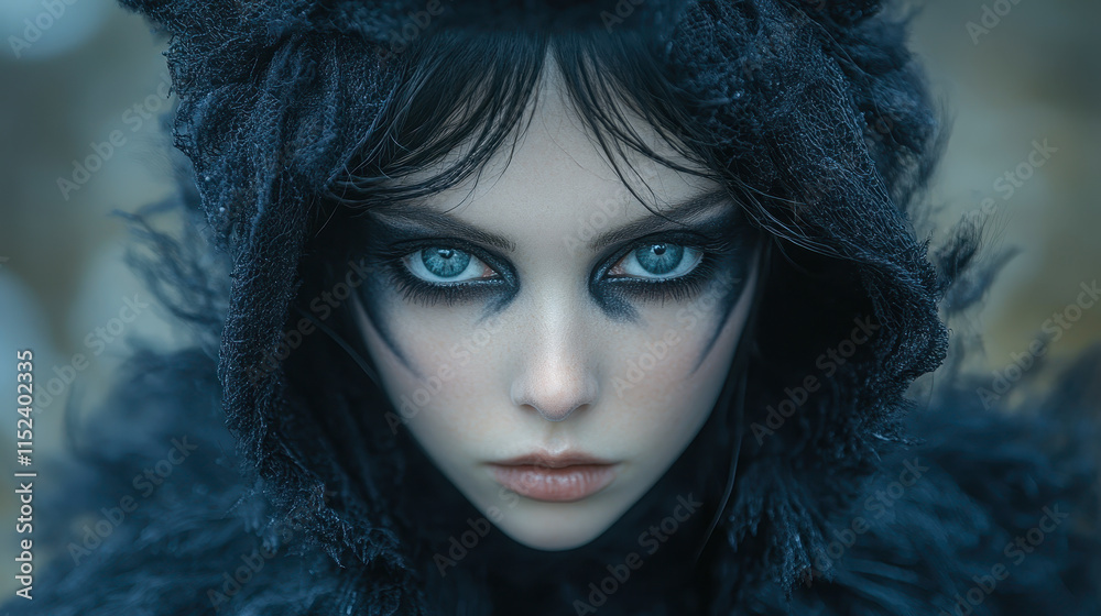 Fototapeta premium Eerie Woman in Black Rabbit Costume with Intense Gaze Evoking Dark Fantasy