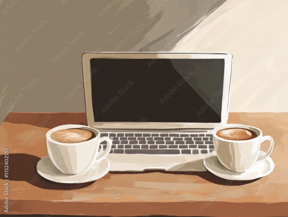 two cups of coffee next to a laptop on a wooden table two cups of coffee next to a laptop on a wooden table