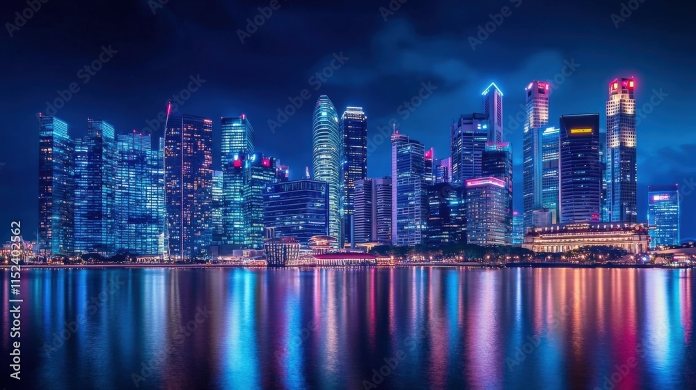 Naklejka premium city skyline at night with reflections in the water