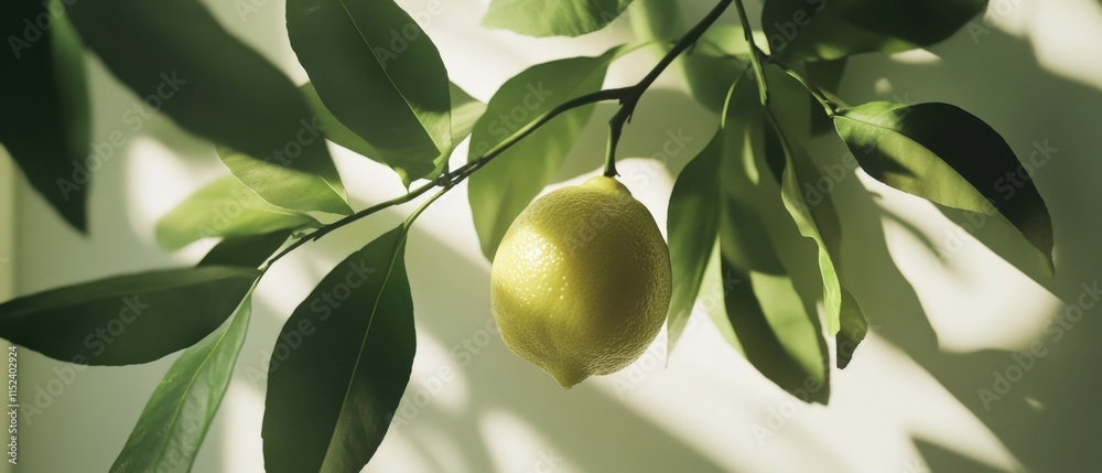 Fototapeta premium a lemon hangs on a branch with leaves