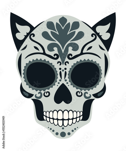 Catrina head. Woman sugar skull with cat ears. Mexican Day of the Dead. Vector isolated illustration