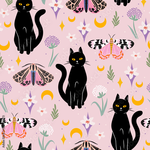 Cute Pastel Seamless Pattern with Black Cats, Moths, Butterflies, Flowers, and Moons on a Pink Background