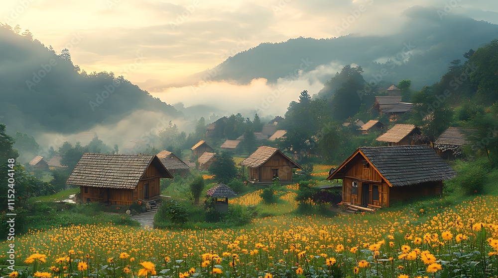 Fototapeta premium Sunrise over misty mountain village with yellow flower field.