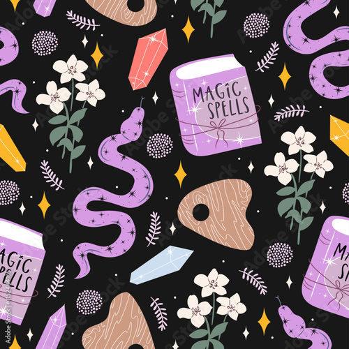 Cute Witchy Seamless Pattern with Spell Books, Ouija Board, Crystals, Snakes, and Flowers on a Magical Background