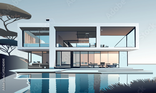 Vector graphics. A landscape with a bright modern minimalist house on the beach against a sunset background