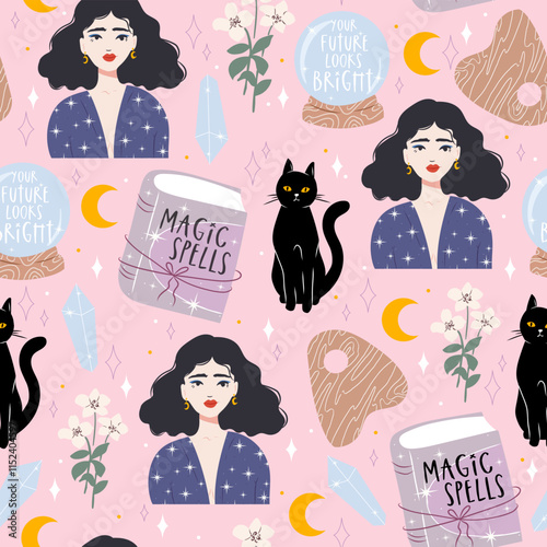 Cute Pastel Seamless Pattern with Witches, Ouija Boards, Spell Books, Crystal Balls, Crystals, Flowers, Moon, Stars, and Black Cats