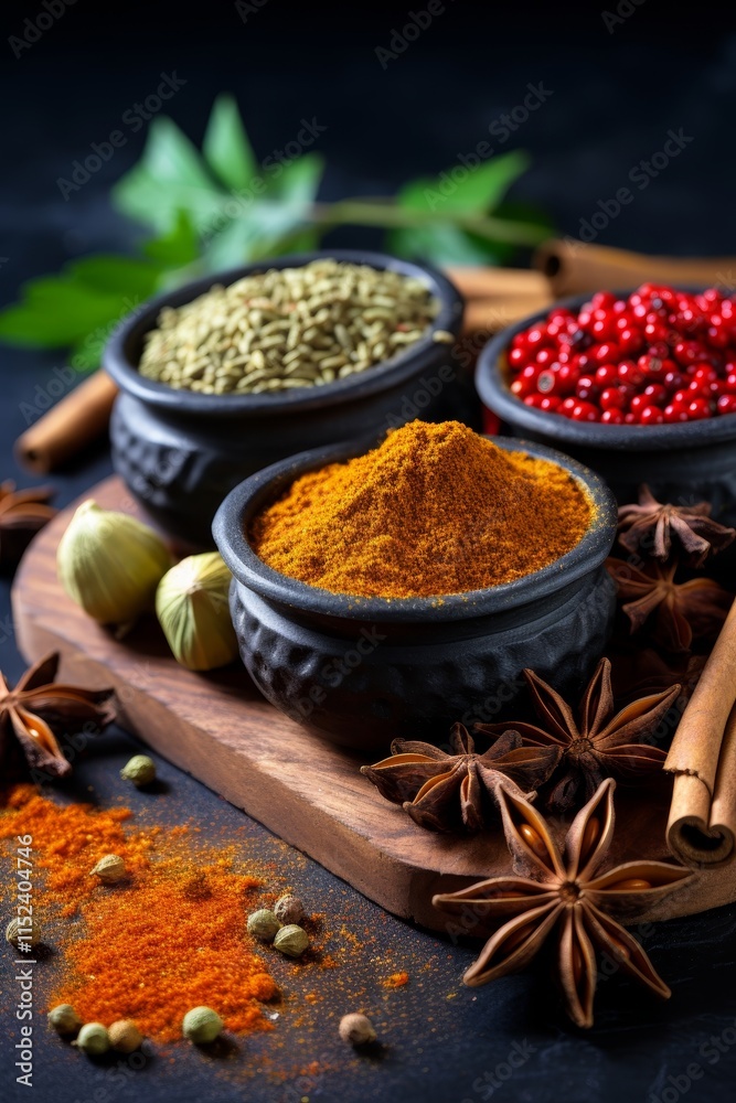 Spices in Clay Bowls A Still Life of Aromatic Culinary Delights, on a Rustic Table Setting. Spices in Clay Bowls A Still Life of Aromatic Culinary Delights, on a Rustic Table Setting.