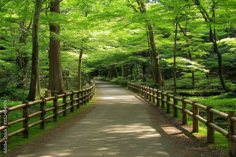 Scenic Forest Path with Lush Green Canopy, Tranquil Nature Walkway Amidst Vibrant Spring Foliage Scenic Forest Path with Lush Green Canopy, Tranquil Nature Walkway Amidst Vibrant Spring Foliage