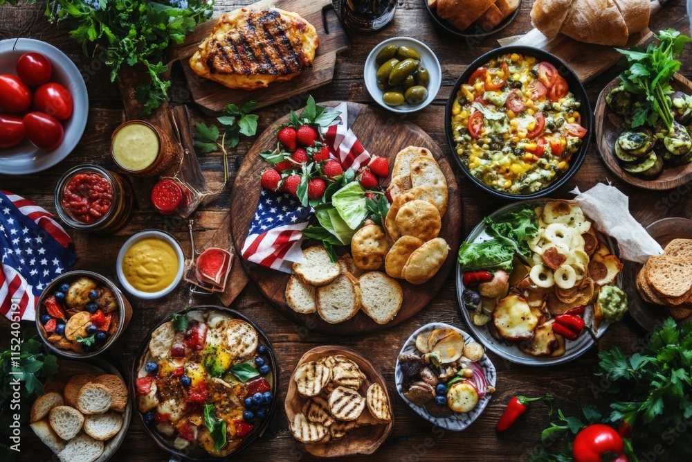 an overhead view of a fourth of july picnic with assorted food an overhead view of a fourth of july picnic with assorted food