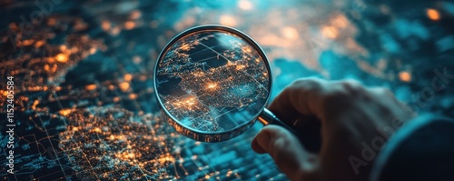 Statistics. Hand with a magnifying glass looking in a world map focusing in America