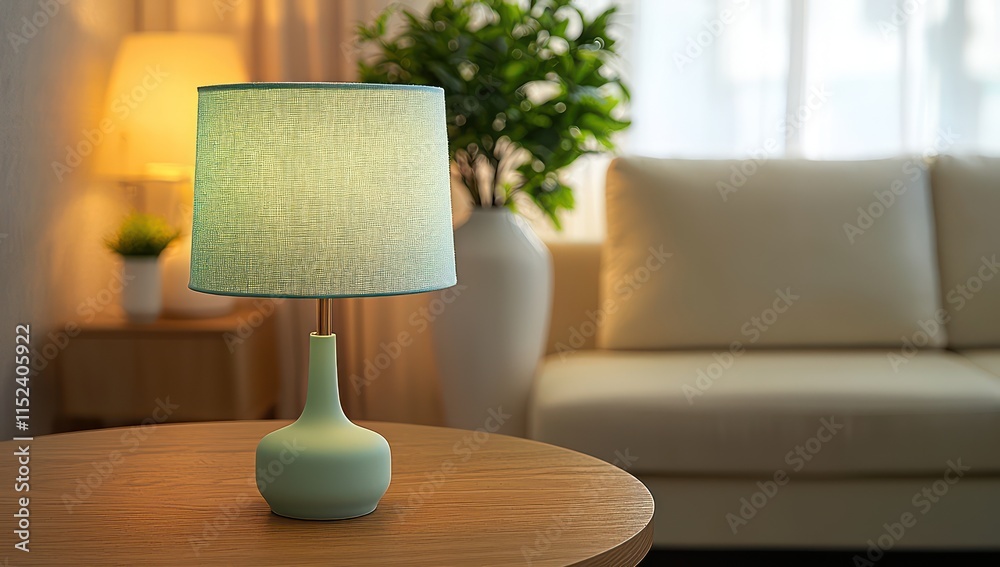 Close-up of a lamp with a pastel mint fabric shade illuminating a round wooden table Behind it a plush ivory