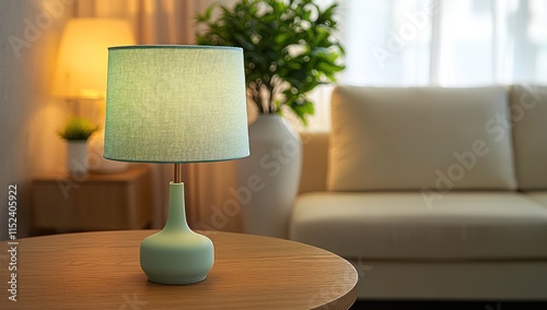 Obraz na płótnie Close-up of a lamp with a pastel mint fabric shade illuminating a round wooden table Behind it a plush ivory w salonie