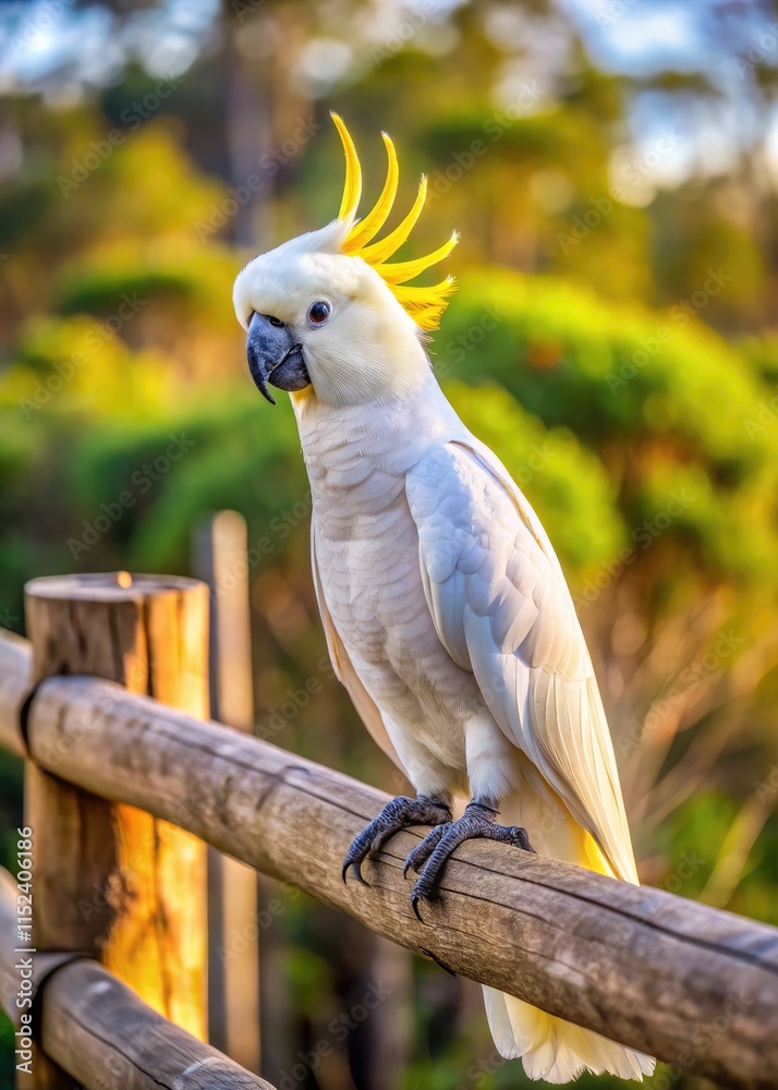 Cockatoo Perched on a Rustic Wooden Fence Against a Lush Green Background. Generative AI Cockatoo Perched on a Rustic Wooden Fence Against a Lush Green Background. Generative AI
