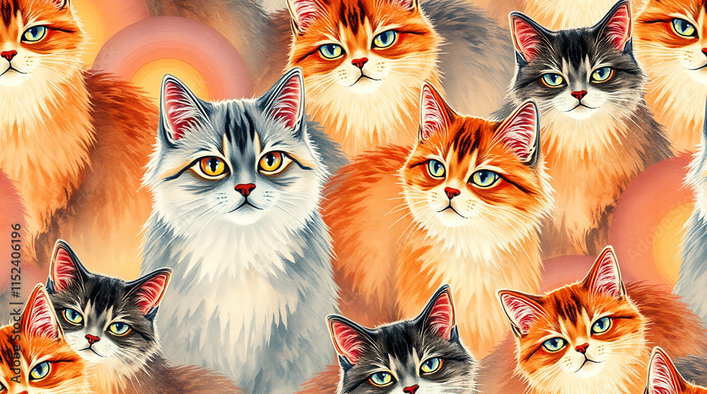 Fototapeta premium pattern illustration with cats in water color style