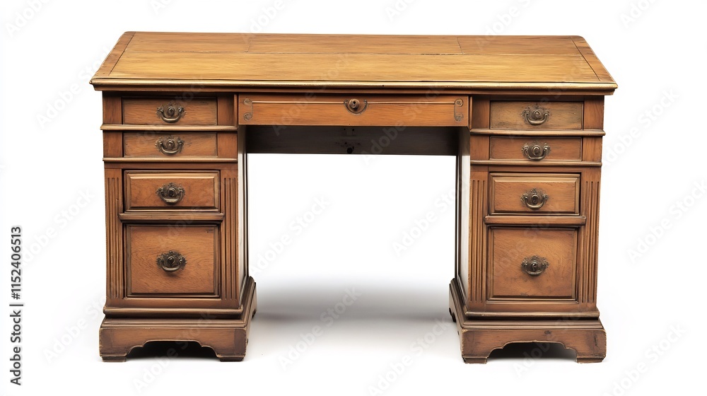 Antique Wooden Desk with Multiple Drawers and Ornate Hardware Antique Wooden Desk with Multiple Drawers and Ornate Hardware