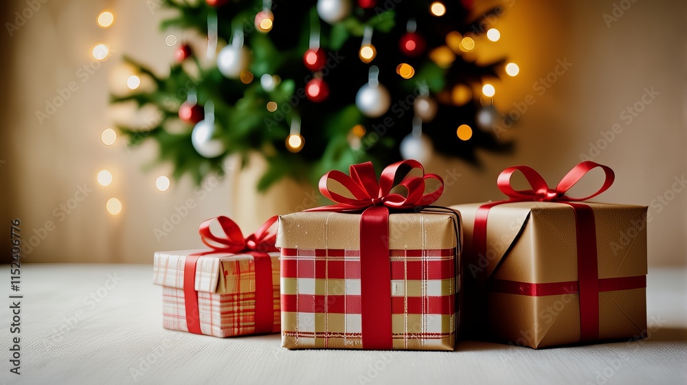 Christmas gift boxes with festive wrapping on wooden table Christmas gift boxes with festive wrapping on wooden table