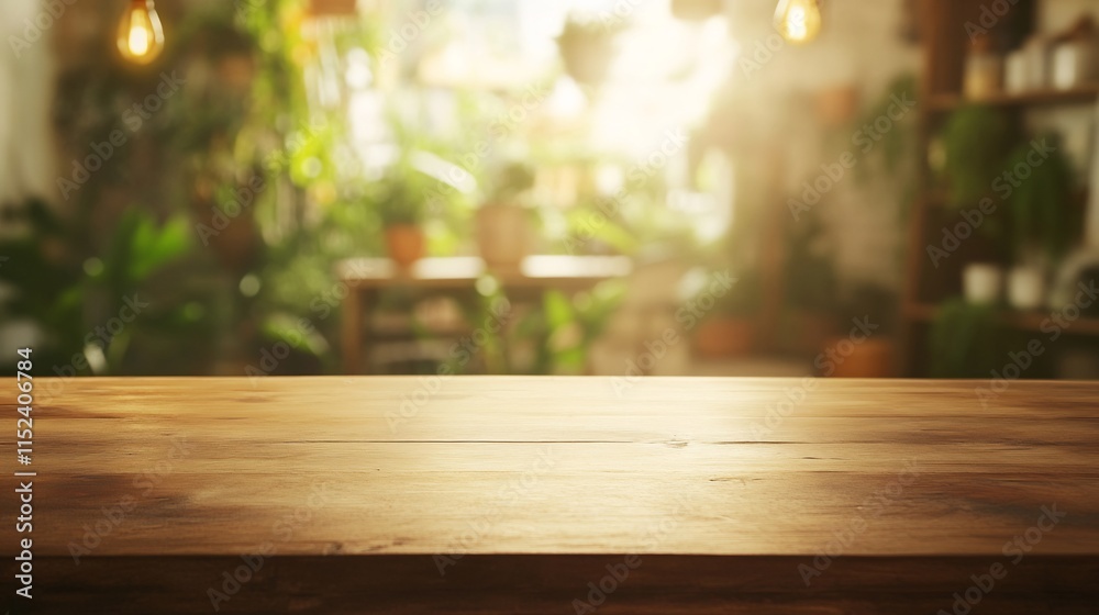 Wooden Table in a Sunlit Greenhouse with Lush Greenery Wooden Table in a Sunlit Greenhouse with Lush Greenery