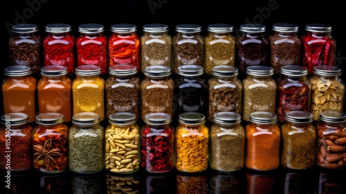 Vibrant, Colorful Array of Spices in Glass Jars, A Culinary Still Life Photo on Black Background