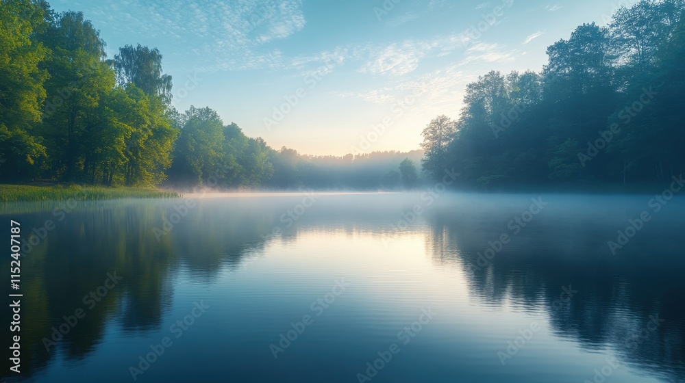 Tranquil lakeside scene at dawn, mist rising from water's surface, surrounded by lush greenery.